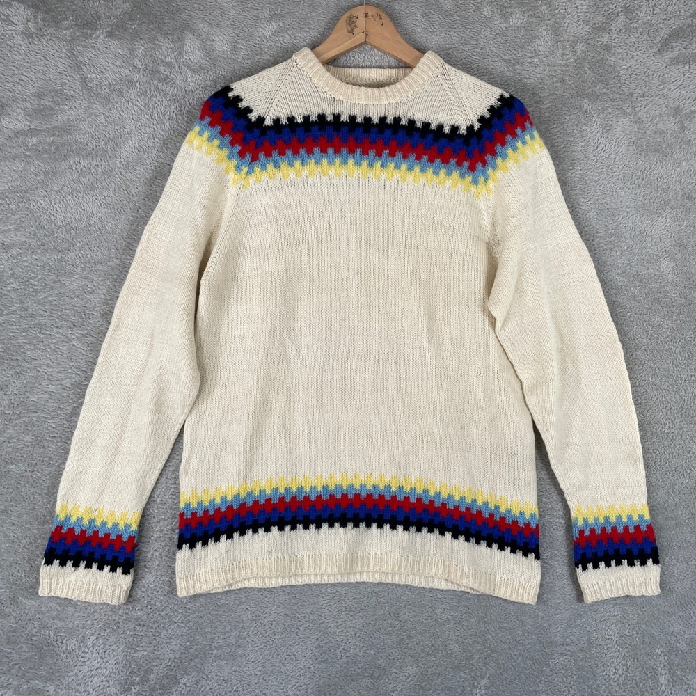 Vintage Wool Fair Isle Sweater Mens Small Cream Nordic Ski Knit Crewneck